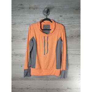 Kiwi Kate Pullover Womens Large Orange Gray Cowl Neck Thumbholes Ruched Back‎